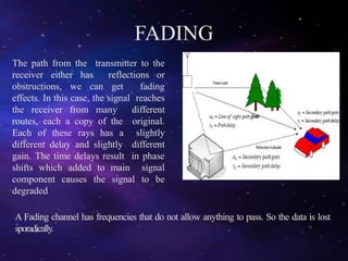 FADING
The path from the transmitter to the
receiver either has reflections or
obstructions, we can get fading
effects. In this case, the signal reaches
the receiver from many different
routes, each a copy of the original.
Each of these rays has a slightly
different delay and slightly different
gain. The time delays result in phase
shifts which added to main signal
component causes the signal to be
degraded
A Fading channel has frequencies that do not allow anything to pass. So the data is lost
sporadically.
 