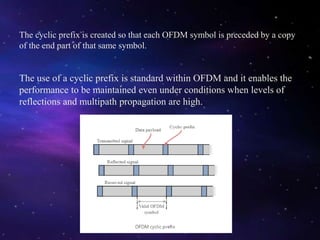 The cyclic prefix is created so that each OFDM symbol is preceded by a copy
of the end part of that same symbol.
The use of a cyclic prefix is standard within OFDM and it enables the
performance to be maintained even under conditions when levels of
reflections and multipath propagation are high.
 