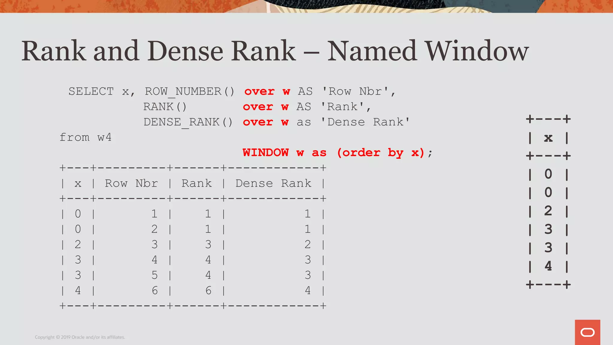 Rank and Dense Rank – Named Window
Copyright © 2019 Oracle and/or its affiliates.
SELECT x, ROW_NUMBER() over w AS 'Row Nbr',
RANK() over w AS 'Rank',
DENSE_RANK() over w as 'Dense Rank'
from w4
WINDOW w as (order by x);
+---+---------+------+------------+
| x | Row Nbr | Rank | Dense Rank |
+---+---------+------+------------+
| 0 | 1 | 1 | 1 |
| 0 | 2 | 1 | 1 |
| 2 | 3 | 3 | 2 |
| 3 | 4 | 4 | 3 |
| 3 | 5 | 4 | 3 |
| 4 | 6 | 6 | 4 |
+---+---------+------+------------+
+---+
| x |
+---+
| 0 |
| 0 |
| 2 |
| 3 |
| 3 |
| 4 |
+---+
 