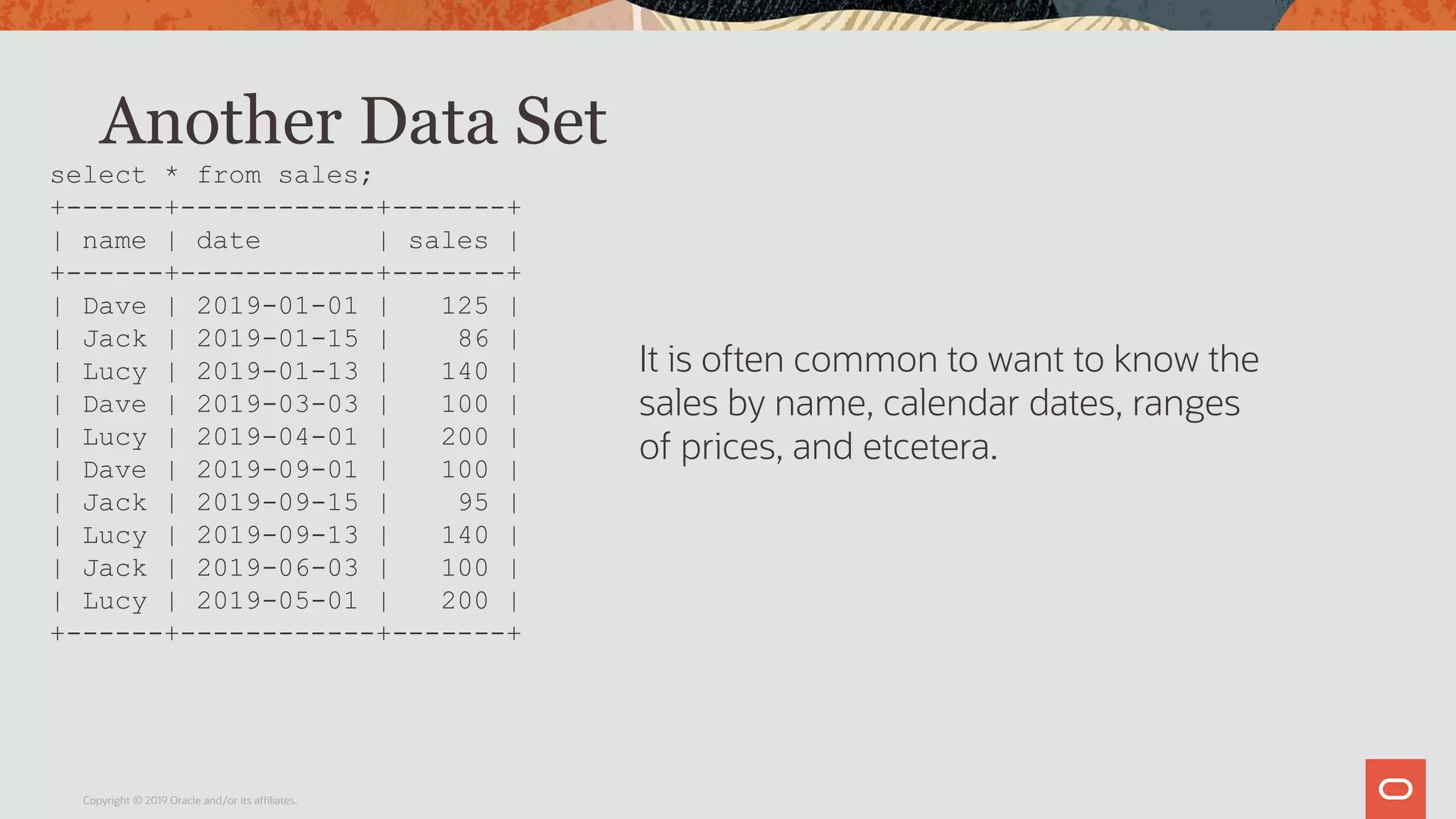 Another Data Set
Copyright © 2019 Oracle and/or its affiliates.
select * from sales;
+------+------------+-------+
| name | date | sales |
+------+------------+-------+
| Dave | 2019-01-01 | 125 |
| Jack | 2019-01-15 | 86 |
| Lucy | 2019-01-13 | 140 |
| Dave | 2019-03-03 | 100 |
| Lucy | 2019-04-01 | 200 |
| Dave | 2019-09-01 | 100 |
| Jack | 2019-09-15 | 95 |
| Lucy | 2019-09-13 | 140 |
| Jack | 2019-06-03 | 100 |
| Lucy | 2019-05-01 | 200 |
+------+------------+-------+
It is often common to want to know the
sales by name, calendar dates, ranges
of prices, and etcetera.
 