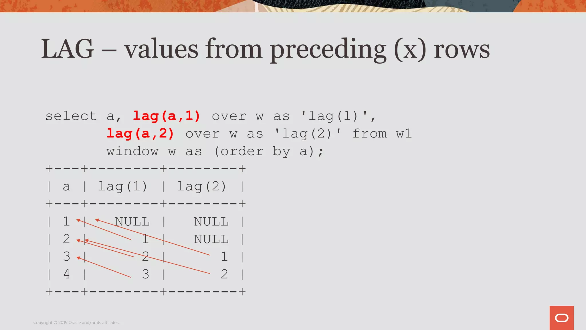 LAG – values from preceding (x) rows
Copyright © 2019 Oracle and/or its affiliates.
select a, lag(a,1) over w as 'lag(1)',
lag(a,2) over w as 'lag(2)' from w1
window w as (order by a);
+---+--------+--------+
| a | lag(1) | lag(2) |
+---+--------+--------+
| 1 | NULL | NULL |
| 2 | 1 | NULL |
| 3 | 2 | 1 |
| 4 | 3 | 2 |
+---+--------+--------+
 