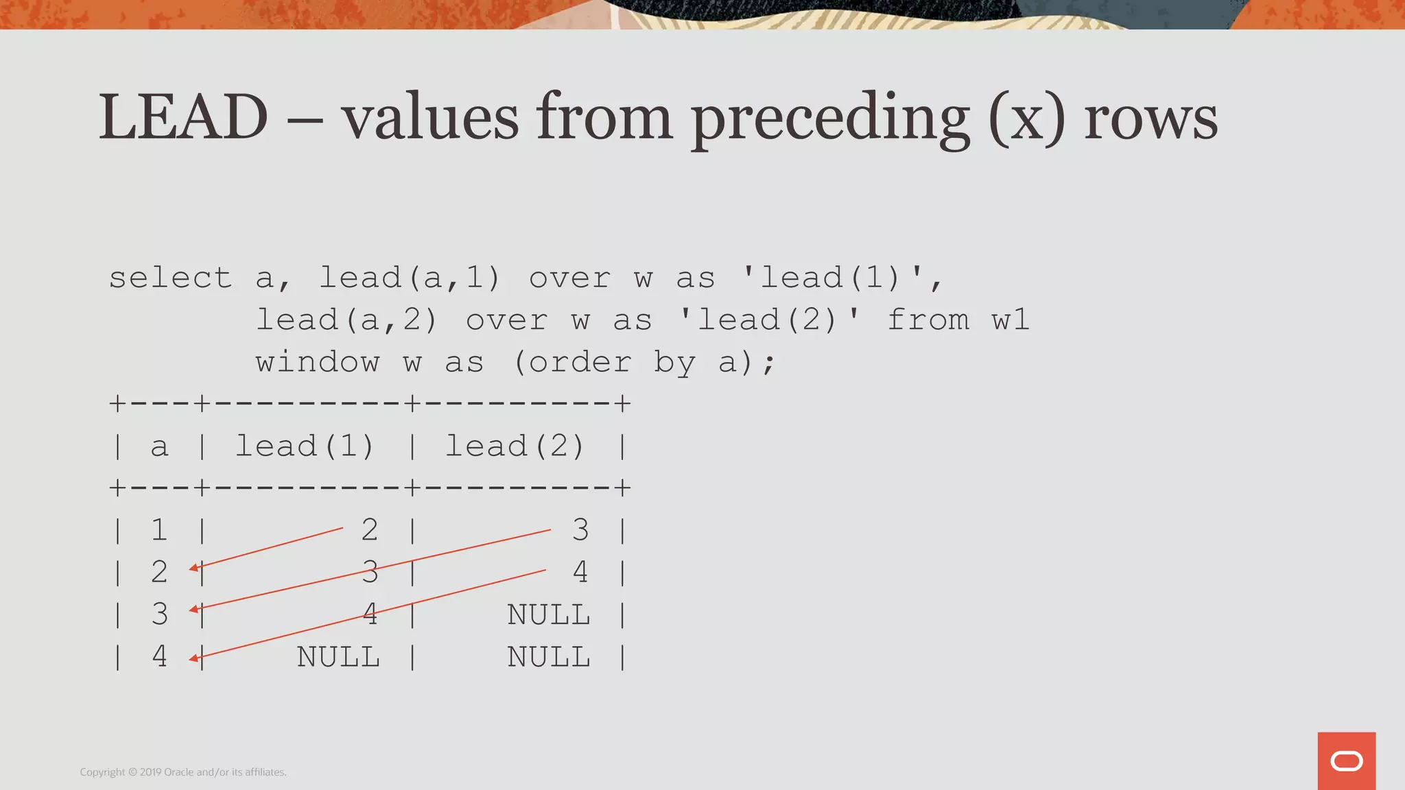 LEAD – values from preceding (x) rows
Copyright © 2019 Oracle and/or its affiliates.
select a, lead(a,1) over w as 'lead(1)',
lead(a,2) over w as 'lead(2)' from w1
window w as (order by a);
+---+---------+---------+
| a | lead(1) | lead(2) |
+---+---------+---------+
| 1 | 2 | 3 |
| 2 | 3 | 4 |
| 3 | 4 | NULL |
| 4 | NULL | NULL |
 