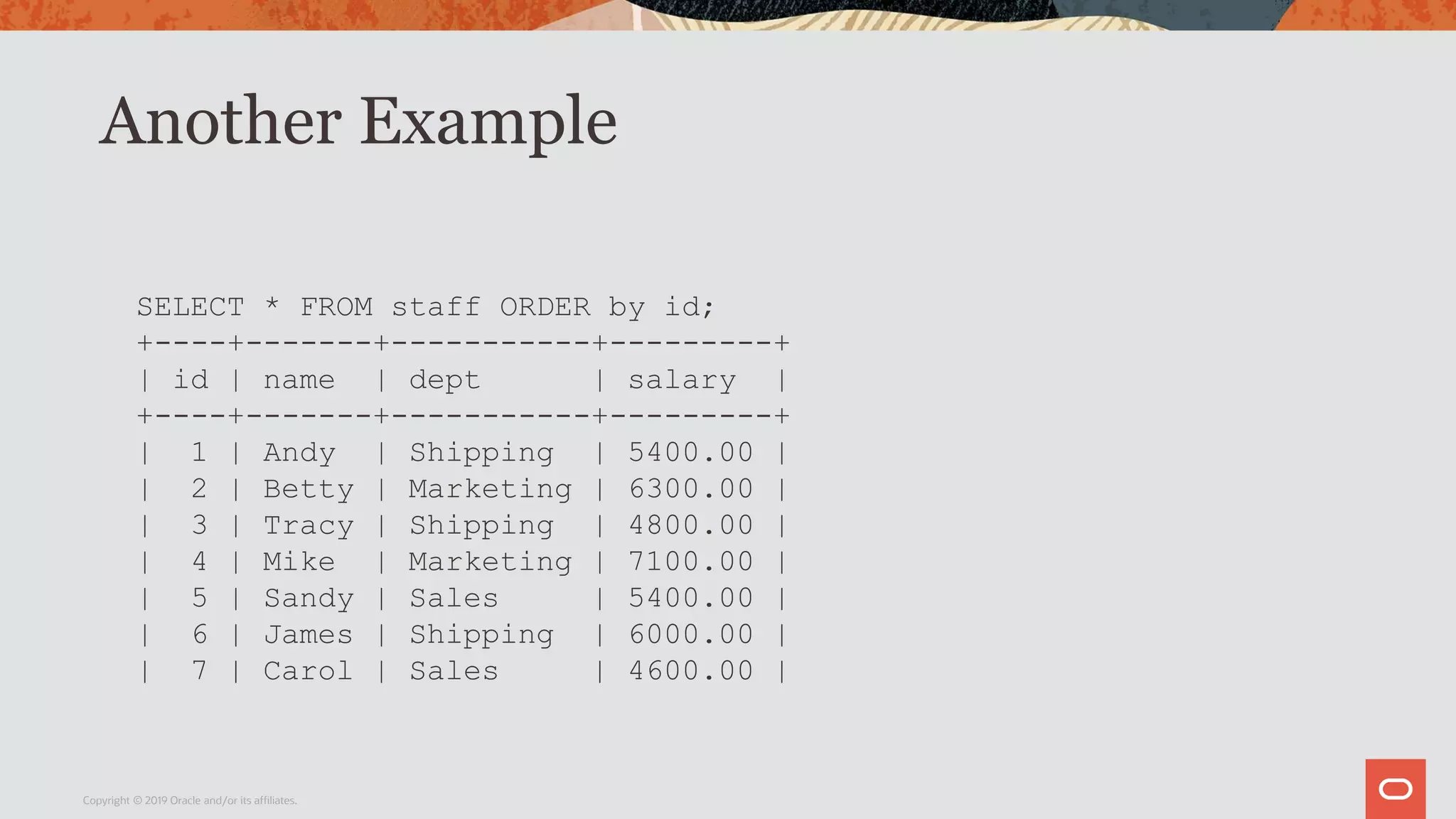 Another Example
Copyright © 2019 Oracle and/or its affiliates.
SELECT * FROM staff ORDER by id;
+----+-------+-----------+---------+
| id | name | dept | salary |
+----+-------+-----------+---------+
| 1 | Andy | Shipping | 5400.00 |
| 2 | Betty | Marketing | 6300.00 |
| 3 | Tracy | Shipping | 4800.00 |
| 4 | Mike | Marketing | 7100.00 |
| 5 | Sandy | Sales | 5400.00 |
| 6 | James | Shipping | 6000.00 |
| 7 | Carol | Sales | 4600.00 |
 