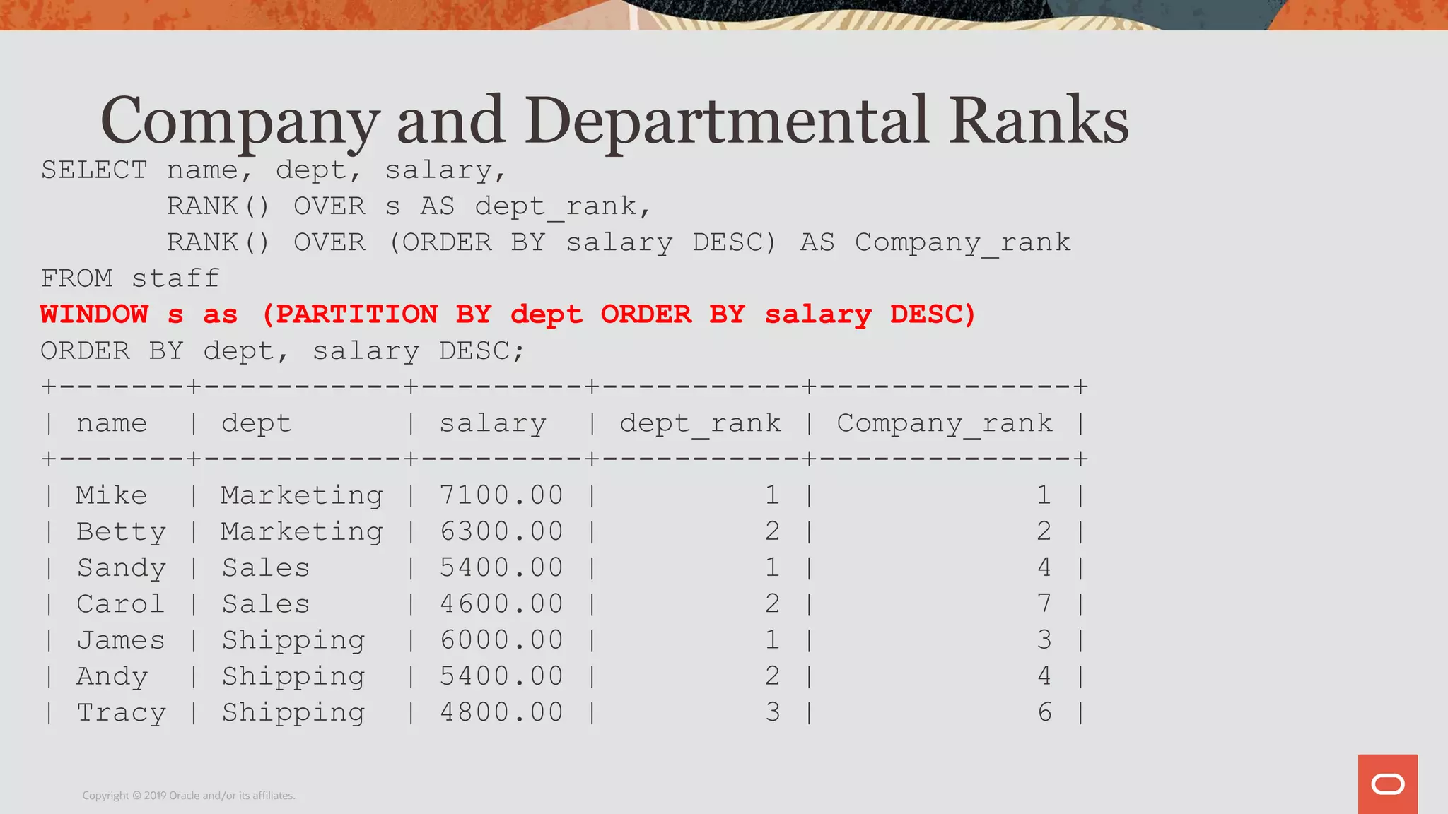 Company and Departmental Ranks
Copyright © 2019 Oracle and/or its affiliates.
SELECT name, dept, salary,
RANK() OVER s AS dept_rank,
RANK() OVER (ORDER BY salary DESC) AS Company_rank
FROM staff
WINDOW s as (PARTITION BY dept ORDER BY salary DESC)
ORDER BY dept, salary DESC;
+-------+-----------+---------+-----------+--------------+
| name | dept | salary | dept_rank | Company_rank |
+-------+-----------+---------+-----------+--------------+
| Mike | Marketing | 7100.00 | 1 | 1 |
| Betty | Marketing | 6300.00 | 2 | 2 |
| Sandy | Sales | 5400.00 | 1 | 4 |
| Carol | Sales | 4600.00 | 2 | 7 |
| James | Shipping | 6000.00 | 1 | 3 |
| Andy | Shipping | 5400.00 | 2 | 4 |
| Tracy | Shipping | 4800.00 | 3 | 6 |
 