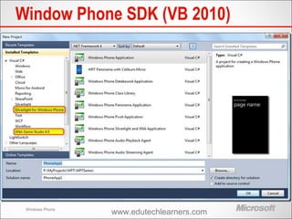 Windows Phone
Window Phone SDK (VB 2010)
www.edutechlearners.com
 