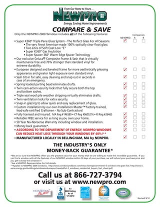 COMPARE & SAVE
   Only the NEWPRO 2000 Window includes all of the following features:                                                                 Companies
                                                                                                               NEWPRO                   A     B
   • Super K360° Triple Pane Glass System - The Perfect Glass For All Seasons                                          l3              l       l
           • The very finest American-made 100% optically clear float glass
           • Two Lites of Soft Coat Low “E”
           • Super K360° Gas Insulation
           • Super Spacer 360° Warm Edge Spacer Technology
   • Our exclusive Celuca® Composite Frame & Sash that is virtually                                                    l3              l       l
     maintenance free and 70% stronger than standard vinyl for
     extreme durability.
   • European designed and beveled frame for more aesthetically pleasing                                               l3              l       l
     appearance and greater light exposure over standard vinyl.
   • Sash tilt-in for safe, easy cleaning and snap out in seconds in                                                   l3              l       l
     case of an emergency.
   • Spring loaded parting bead eliminates drafts.                                                                     l3              l       l
   • Twin cam-action security locks that fully secure both the top                                                     l3              l       l
     and bottom sashes.
   • Triple seal wool pile weather stripping virtually eliminates drafts.                                              l3              l       l
   • Twin ventilation locks for extra security.                                                                        l3              l       l
   • Snap-in glazing to allow quick and easy replacement of glass.                                                     l3              l       l
   • Custom installation by our own Installation Master™ factory-trained,                                              l3              l       l
     lead-safe certified Craftsmen - No Sub-Contractors!
   • Fully licensed and insured: MA Reg #146589 • CT Reg #0605216 • RI Reg #26463                                      l3              l       l
   • Reliable FREE service for as long as you own your home.                                                           l3              l       l
   • 50 Year No-Nonsense Warranty including window and installation.                                                   l3              l       l
   • Money back guarantee*.                                                                                            l3              l       l
   • ACCORDING TO THE DEPARTMENT OF ENERGY, NEWPRO WINDOWS                                                             l3              l       l
    CAN REDUCE HEAT LOSS THROUGH YOUR WINDOWS BY 40%!**
   • MANUFACTURED LOCALLY IN BELLINGHAM, MA by NEWPRO.                                                                 l3              l       l

                                      THE INDUSTRY’S ONLY
                                    MONEY-BACK GUARANTEE*
*We are so sure that NEWPRO offers you the greatest value for your money that we are willing to make this incredible guarantee. If you
can find a window with all the features of our NEWPRO window within 30 days of your purchase, we will refund your purchase price and
you get to keep the windows!!!
*See a NEWPRO Representative for full details.
**Applies to NEWPRO 2000 windows. http://www.windowanddoor.com/news-item/government/r-5-window-site-goes-live; http://www1.
eere.energy.gov/buildings/windowsvolumepurchase/pdfs/r-5_windows_residential_buyers_fact_sheet.pdf;



                           Call us at 866-727-3794
                       or visit us at www.newpro.com
                                                          A+
                                     ™
                                                      BBB Rating
                                                         As of
                                                       1/1/2010
                                                                                                            Section
                                                                                                                    4 0 2 of T S C
                                                                                                                                   A
                                                                                                                                           Revised 9/10
 