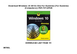 Download Windows 10 All-In-One For Dummies (For Dummies
(Computers)) PDF,TXT,EPUB
DONWLOAD LAST PAGE !!!!
DETAIL
Download now : https://ni.pdf-files.xyz/?book=1119310563 by PDF Windows 10 All-In-One For Dummies (For Dummies (Computers)) Download file The most comprehensive guide to Windows 10, updated with the latest enhancements If you're new to Windows 10 and want an authoritative and accessible guide to the basics of the widely used operating system, Windows 10 All-in-One For Dummies is the book for you. Written by trusted Windows expert Woody Leonhard, this freshly updated guide cuts through the jargon and covers everything you need to know, including navigating the start menu, personalizing your Windows experience, maximizing Windows apps, and managing security.Windows 10 All-in-One For Dummies includes all the guidance you need to make the most of this latest update of Windows. It shows you how to set up multiple user accounts, create a Homegroup for easy sharing between devices, backup your files, and troubleshoot common problems.Covers all the new features and latest enhancements to Windows 10 Makes upgrading to the latest version easier than ever Lets you work with apps like a pro Includes tons of tips on protecting your computer, data, privacy, and identity Whether you use Windows 10 for business, fun and games, or staying in touch with family and friends, Windows 10 All-in-One For Dummies makes it easy.
 