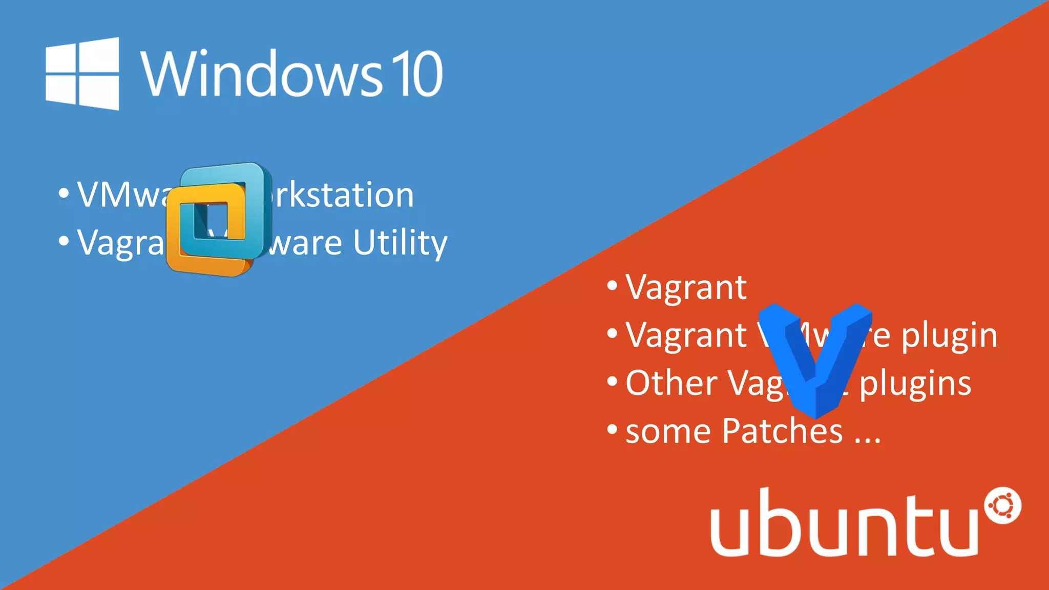 •VMware Workstation
•Vagrant VMware Utility
•Vagrant
•Vagrant VMware plugin
•Other Vagrant plugins
•some Patches ...
 