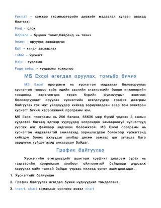 Format     –    хэмжээ    (компьютерийн       дискийг     мэдээлэл        хүлээн    авахад
  бэлтгэх)

  Find - олох

  Replace – буцааж тавих,байранд нь тавих

  Insert – оруулах хавсаэргах

  Edit – хянан засварлах

  Table - хүснэгт

  Help - тусламж

  Fage setup – хуудасны тохиргоо

       MS Exсel өгөгдөл оруулах, томъёо бичих
       MS        Exсel     программ    нь      хүснэгтэн     мэдээлэл        боловсруулах
  хүснэгтэн тооцоо хийх эдийн засгийн статисткийн болон инженерийн
  тооцоонд         хэрэглэгдэх        төрөл      бүрийн       фуикцуудыг             ашиглах
  боловсруулалт          оруулах    хүснэгтийн     өгөгдлүүдэр        график         диаграм
  байгуулах гэх мэт үйлдлүүдэр хийхэд зориулагдсан асар том электрон
  хүснэгт бүхий хэрэглээний программ юм.

  MS Exсel программ нь 256 багана, 65636 мөр бүхий үндсэн 3 ажлын
  худастай бөгөөд эдгээр хуусуудад хоорондоо хамааралгүй хүснэгтүүд
  үүсгэж     нэг    файлаар    хадгалах     боломжтой.       MS     Exсel    программ     нь
  хүснэгтэн мэдээлэлтэй ажиллахад зориулагдсан болохоор хүснэгтэнд
  хийгдэж        болох   ажлуудыг     хялбар    дөхөм      замаар    цаг     хугацаа    бага
  зарцуулж гүйцэтгэхэд анхаарсан байдаг.

                              График байгуулах
       Хүснэгтийн         өгөгдлүүдийг      ашиглаж     графикт     диаграм      зурах    нь
  тэдгээрийн        хоорондын       холбоог      ойлгомжтой         байдлаар         дүрсэлж
  харуулах сайн талтай байдаг учраас нилээд өргөн ашигдлагддаг.

1. Хүснэгтийг байгуулан

2. График байгуулах өгөгдөл бүхий нүднүүдийг тэмдэглэнэ.

3. Insert, chart командыг сонгоно эсвэл chart
 