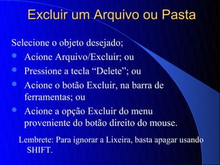 Excluir um Arquivo ou Pasta
Selecione o objeto desejado;
 Acione Arquivo/Excluir; ou
 Pressione a tecla “Delete”; ou
 Acione o botão Excluir, na barra de
   ferramentas; ou
 Acione a opção Excluir do menu
   proveniente do botão direito do mouse.
 Lembrete: Para ignorar a Lixeira, basta apagar usando
   SHIFT.
 