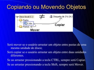Copiando ou Movendo Objetos




Será mover se o usuário arrastar um objeto entre pastas de uma
   mesma unidade de disco;
Será copiar se o usuário arrastar um objeto entre duas unidades
   diferentes.
Se ao arrastar pressionando a tecla CTRL, sempre será Copiar.
Se ao arrastar pressionando a tecla Shift, sempre será Mover.
 