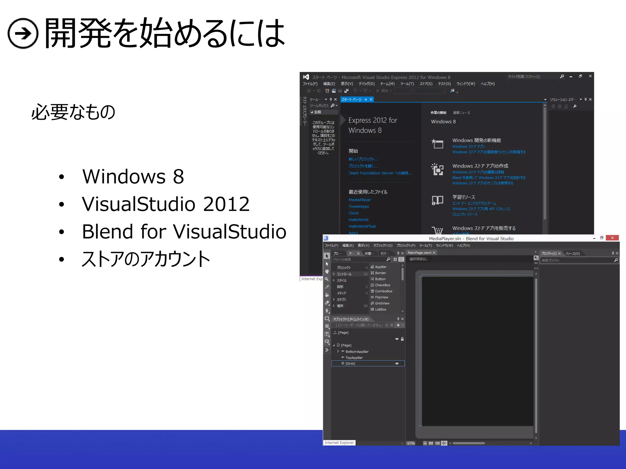 開発を始めるには

必要なもの


 •   Windows 8
 •   VisualStudio 2012
 •   Blend for VisualStudio
 •   ストアのアカウント
 