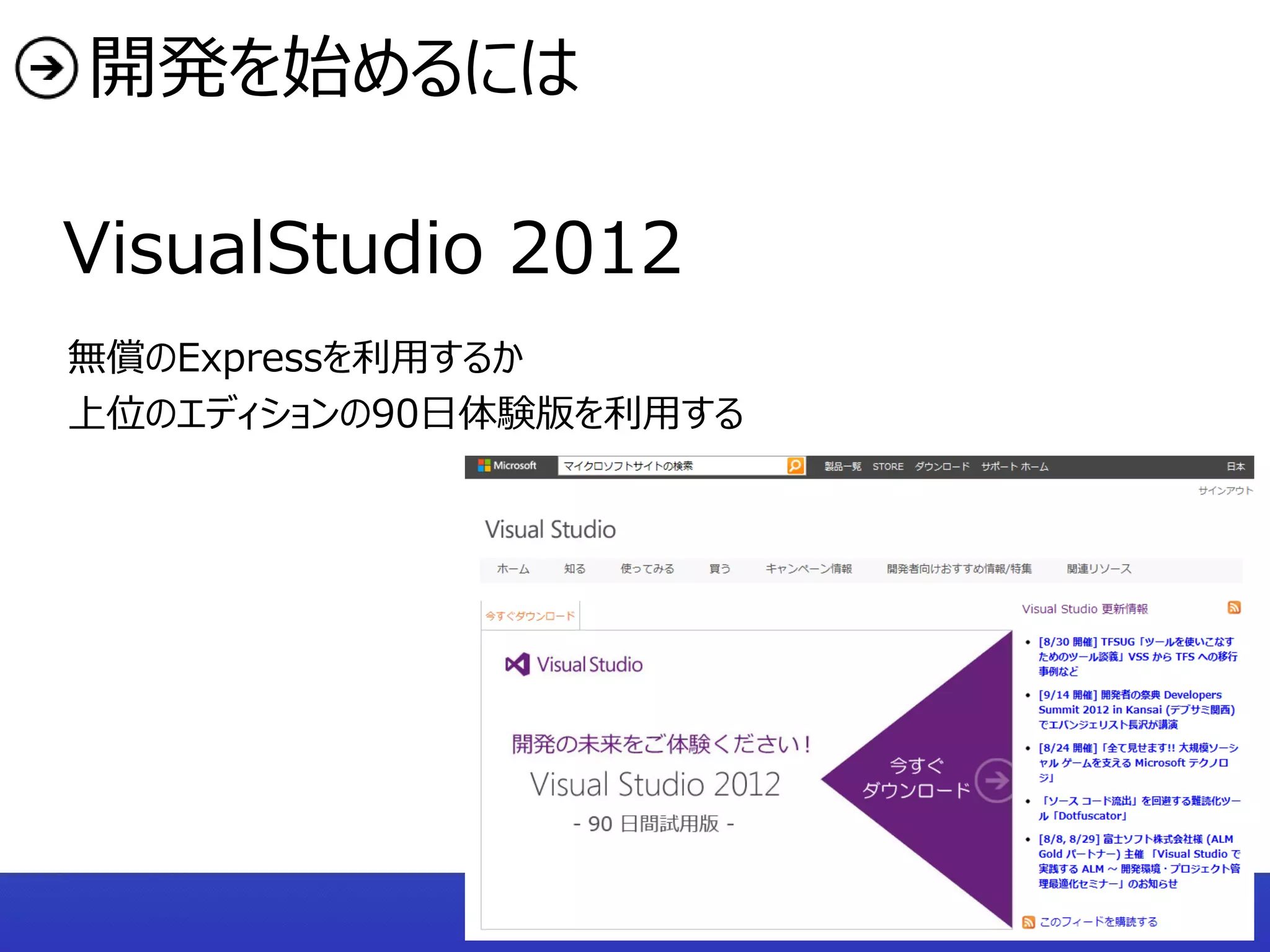 開発を始めるには

VisualStudio 2012
無償のExpressを利用するか
上位のエディションの90日体験版を利用する
 
