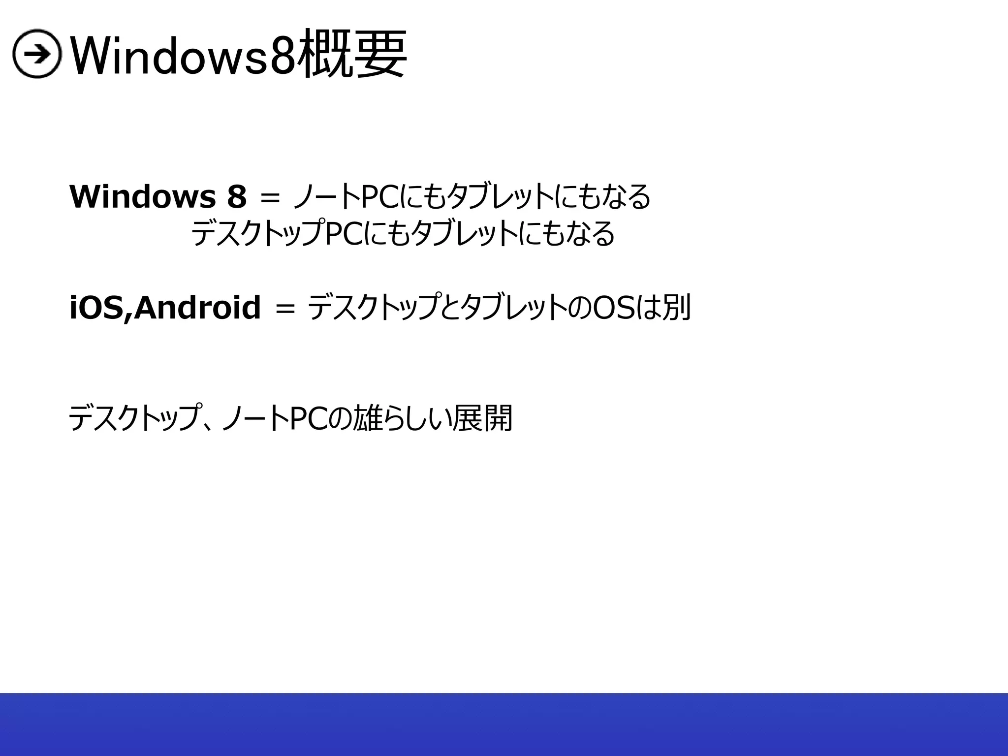 Windows8概要

Windows 8 = ノートPCにもタブレットにもなる
      デスクトップPCにもタブレットにもなる

iOS,Android = デスクトップとタブレットのOSは別


デスクトップ、ノートPCの雄らしい展開
 