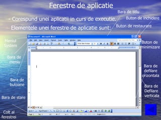 Ferestre de aplicatie - Corespund unei aplicatii in curs de executie. Elementele unei ferestre de aplicatie sunt: Meniul System Bara de titlu Bara de  meniu Bara de butoane Bara de stare Buton de inchidere Buton de restaurare Buton de  minimizare Bara de defilare  orizontala Bara de  Defilare  verticala Colt al ferestrei 