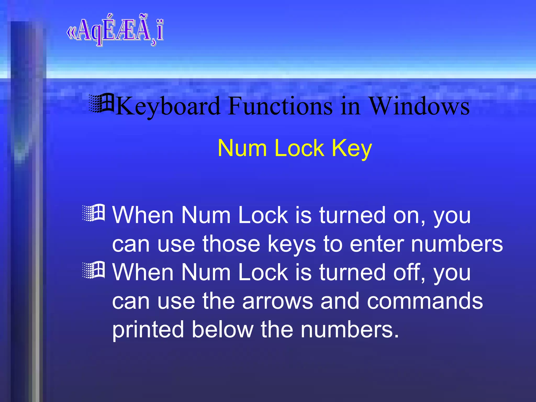 «AqÉÆÃ¸ï Num Lock Key When Num Lock is turned on, you can use those keys to enter numbers  When Num Lock is turned off, you can use the arrows and commands printed below the numbers. Keyboard Functions in Windows 