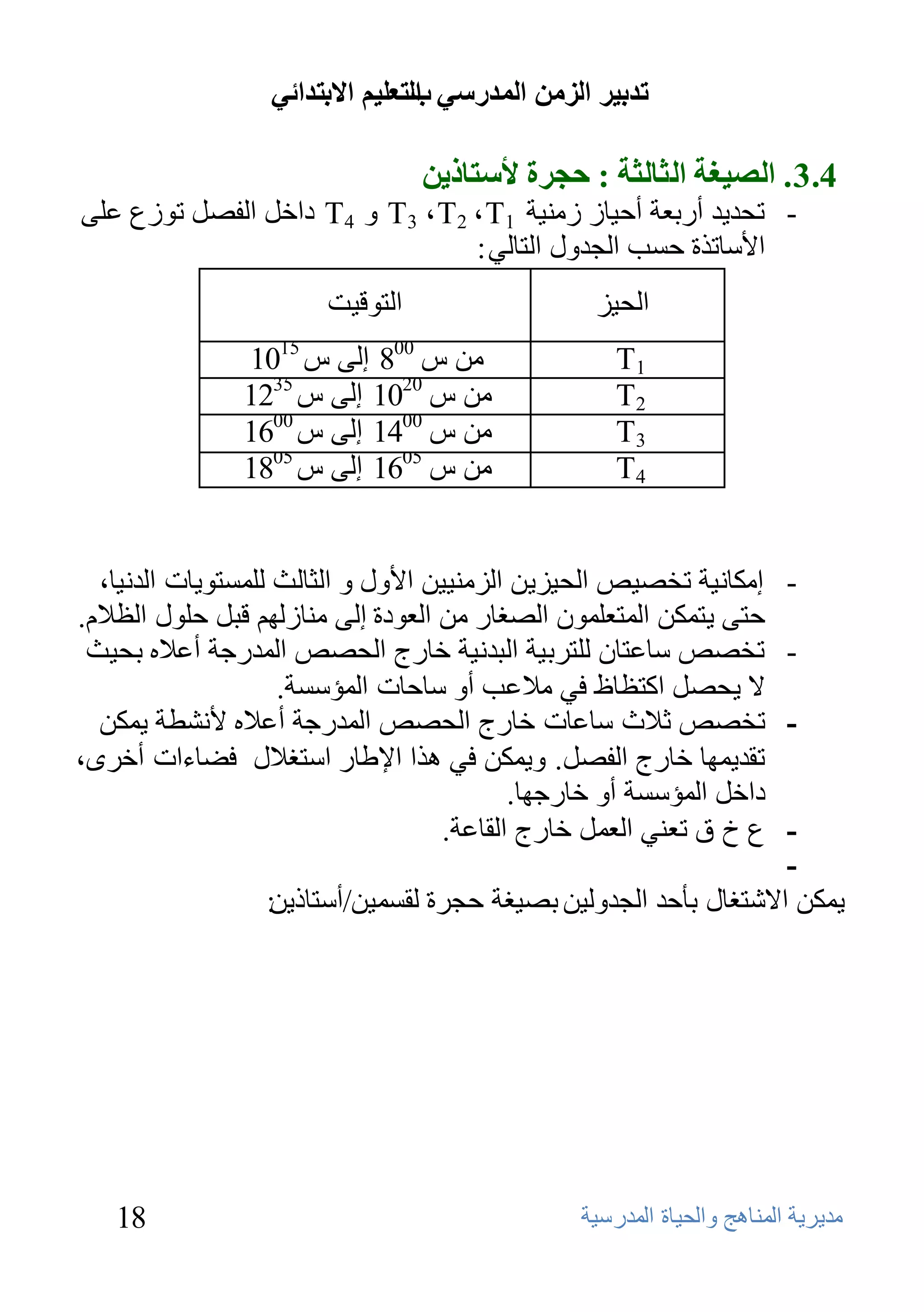 ‫ذذتيش انضيٍ انًذسعي انرعهيى االترذائي‬
                                  ‫ب‬

                                  ‫4.3 . انصيغح انثانثح : حجشج ألعراريٍ‬
‫- رؾل٠ل أهثؼخ أؽ١بى ىِٕ١خ 1‪ T4 ٚ T3 ، T2 ، T‬كافً اٌفظً رٛىع ػٍٝ‬
                                 ‫األٍبرنح ؽَت اٌغلٚي اٌزبٌٟ :‬
                        ‫اٌزٛل١ذ‬                   ‫اٌؾ١ي‬
                ‫ِٓ ً 008 إٌٝ ً 5101‬                  ‫1‪T‬‬
                ‫ِٓ ً 0201 إٌٝ ً 5321‬                 ‫2‪T‬‬
                ‫ِٓ ً 0041 إٌٝ ً 0061‬                 ‫3‪T‬‬
                ‫ِٓ ً 5061 إٌٝ ً 5081‬                 ‫4‪T‬‬


  ‫إِىبٔ١خ رقظ١ض اٌؾ١ي٠ٓ اٌيِٕ١١ٓ األٚي ٚ اٌضبٌش ٌٍَّزٛ٠بد اٌلٔ١ب،‬        ‫-‬
‫ؽزٝ ٠زّىٓ اٌّزؼٍّْٛ اٌظغبه ِٓ اٌؼٛكح إٌٝ ِٕبىٌُٙ لجً ؽٍٛي اٌظالَ.‬
 ‫رقظض ٍبػزبْ ٌٍزوث١خ اٌجلٔ١خ فبهط اٌؾظض اٌّلهعخ أػالٖ ثؾ١ش‬               ‫-‬
                    ‫ال ٠ؾظً اوزظبف فٟ ِالػت أٚ ٍبؽبد اٌّؤٍَخ.‬
  ‫رقظض صالس ٍبػبد فبهط اٌؾظض اٌّلهعخ أػالٖ ألٔشـخ ٠ّىٓ‬                   ‫-‬
‫رمل٠ّٙب فبهط اٌفظً. ٚ٠ّىٓ فٟ ٘نا اإلؿبه اٍزغالي فؼبءاد أفوٜ،‬
                                            ‫كافً اٌّؤٍَخ أٚ فبهعٙب.‬
                                    ‫ع ؿ ق رؼٕٟ اٌؼًّ فبهط اٌمبػخ.‬  ‫-‬
                                                                   ‫-‬
                  ‫٠ّىٓ االشزغبي ثؤؽل اٌغلٌٚ١ٓ ثظ١غخ ؽغوح ٌمَّ١ٓ/أٍزبم٠ٓ:‬




   ‫81‬                                            ‫ِل٠و٠خ إٌّب٘ظ ٚاٌؾ١بح اٌّلهٍ١خ‬
 