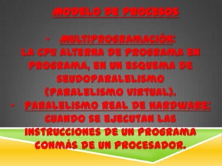 Modelo de Procesos

       • Multiprogramación:
  la CPU alterna de programa en
    programa, en un esquema de
         seudoparalelismo
       (Paralelismo virtual).
• Paralelismo real de hardware:
       Cuando se ejecutan las
   instrucciones de un programa
     conmás de un procesador.
 