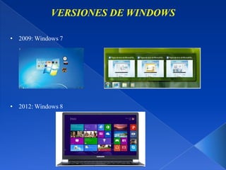 VERSIONES DE WINDOWS
• 2009: Windows 7

• 2012: Windows 8

 