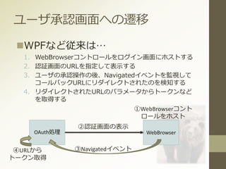 ユーザ承認画面への遷移
WPFなど従来は…
1. WebBrowserコントロールをログイン画面にホストする
2. 認証画面のURLを指定して表示する
3. ユーザの承認操作の後、Navigatedイベントを監視して
コールバックURLにリダイレクトされたのを検知する
4. リダイレクトされたURLのパラメータからトークンなど
を取得する
WebBrowserOAuth処理
②認証画面の表示
③Navigatedイベント④URLから
トークン取得
①WebBrowserコント
ロールをホスト
 