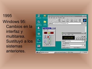 1995
Windows 95:
Cambios en la
interfaz y
multitarea.
Sustituyó a los
sistemas
anteriores.
 