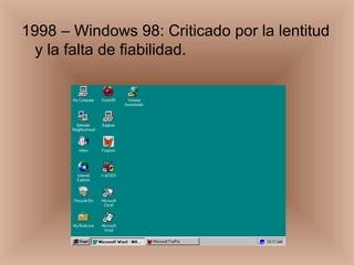 1998 – Windows 98: Criticado por la lentitud
y la falta de fiabilidad.
 