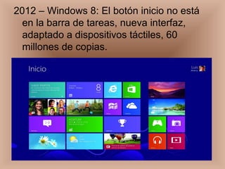 2012 – Windows 8: El botón inicio no está
en la barra de tareas, nueva interfaz,
adaptado a dispositivos táctiles, 60
millones de copias.
 