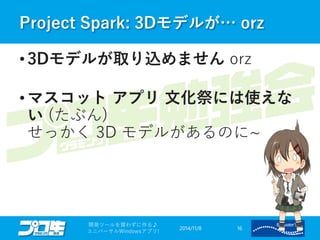 Project Spark: 3Dモデルが… orz 
•3Dモデルが取り込めませんorz 
•マスコットアプリ文化祭には使えな い(たぶん) せっかく3D モデルがあるのに~ 
2014/11/8 
開発ツールを買わずに作る♪ 
ユニバーサルWindowsアプリ! 16 
 