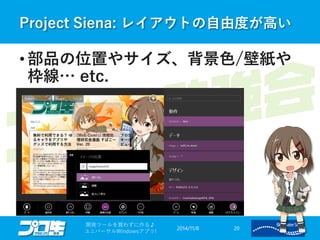 Project Siena: レイアウトの自由度が高い 
2014/11/8 
開発ツールを買わずに作る♪ 
ユニバーサルWindowsアプリ! 20 
•部品の位置やサイズ、背景色/壁紙や 枠線… etc.  
