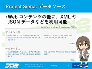 Project Siena: データソース 
2014/11/8 
開発ツールを買わずに作る♪ 
ユニバーサルWindowsアプリ! 21 
•Web コンテンツの他に、XML や 
JSON データなどを利用可能 
http://technet.microsoft.com/ja-jp/dn518216 
 