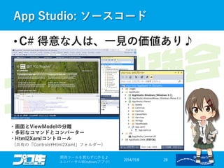 App Studio: ソースコード 
2014/11/8 
開発ツールを買わずに作る♪ 
ユニバーサルWindowsアプリ! 28 
• C# 得意な人は、一見の価値あり♪ 
・画面とViewModelの分離 
・多彩なコマンドとコンバーター 
・Html2Xamlコントロール 
(共有の「Controls¥Html2Xaml」フォルダー) 
 