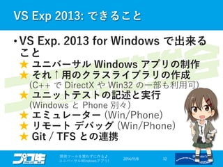 VS Exp 2013: できること 
2014/11/8 
開発ツールを買わずに作る♪ 
ユニバーサルWindowsアプリ! 32 
•VS Exp. 2013 for Windows で出来る こと ★ユニバーサルWindows アプリの制作 ★それ↑用のクラスライブラリの作成 (C++ でDirectX やWin32 の一部も利用可) ★ユニットテストの記述と実行 (Windows とPhone 別々) ★エミュレーター(Win/Phone) ★リモートデバッグ(Win/Phone) ★Git / TFS との連携  