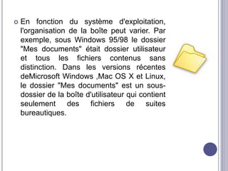  En fonction du système d'exploitation, 
l'organisation de la boîte peut varier. Par 
exemple, sous Windows 95/98 le dossier 
"Mes documents" était dossier utilisateur 
et tous les fichiers contenus sans 
distinction. Dans les versions récentes 
deMicrosoft Windows ,Mac OS X et Linux, 
le dossier "Mes documents" est un sous-dossier 
de la boîte d'utilisateur qui contient 
seulement des fichiers de suites 
bureautiques. 
 