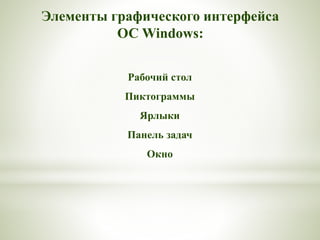 Элементы графического интерфейса
ОС Windows:
Рабочий стол
Пиктограммы
Ярлыки
Панель задач
Окно
 