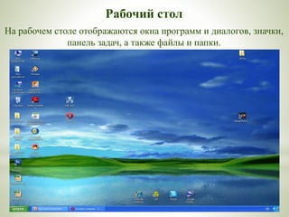 Рабочий стол
На рабочем столе отображаются окна программ и диалогов, значки,
панель задач, а также файлы и папки.
 