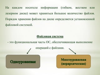 На каждом носителе информации (гибком, жестком или
лазерном диске) может храниться большое количество файлов.
Порядок хранения файлов на диске определяется установленной
файловой системой.
Файловая система
- это функциональная часть ОС, обеспечивающая выполнение
операций с файлами.
 