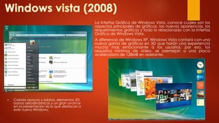 La interfaz Gráfica de Windows Vista, conoce cuales son los
aspectos principales de gráficos, las nuevas apariencias, los
requerimientos gráficos y todo lo relacionado con la Interfaz
Gráfica de Windows Vista.
A diferencia de Windows XP, Windows Vista contará con una
nueva gama de gráficos en 3D que harán una experiencia
mucho mas emocionante a los usuarios, por eso, los
requisitos mínimos de video, se asemejan a una placa
aceleradora de 128MB en adelante.
• Colores opacos y sobrios, elementos 3D,
barras aerodinámicas y un gran avance
en la presentación es lo que destacan a
este nuevo Windows.
 