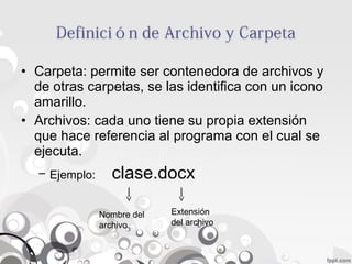 • Carpeta: permite ser contenedora de archivos y
de otras carpetas, se las identifica con un icono
amarillo.
• Archivos: cada uno tiene su propia extensión
que hace referencia al programa con el cual se
ejecuta.
– Ejemplo: clase.docx
Nombre del
archivo
Extensión
del archivo
 