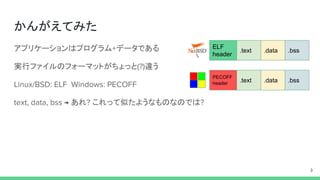 かんがえてみた
アプリケーションはプログラム データである
実行ファイルのフォーマットがちょっと 違う
あれ これって似たようなものなのでは
ELF
header
.text .data .bss
PECOFF
header .text .data .bss
 