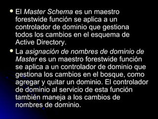  El

Master Schema es un maestro
forestwide función se aplica a un
controlador de dominio que gestiona
todos los cambios en el esquema de
Active Directory.
 La asignación de nombres de dominio de
Master es un maestro forestwide función
se aplica a un controlador de dominio que
gestiona los cambios en el bosque, como
agregar y quitar un dominio. El controlador
de dominio al servicio de esta función
también maneja a los cambios de
nombres de dominio.

 
