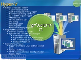 Hyper-V וירטואליזציה Reliable and scalable platform 4-way multi-core support 32GB or more guest memory support New hardware sharing architecture 32-bit and 64-bit guest support VM snapshots Also run on Server Core Live backup Clustering support Quick migration Minimal trusted computing Base Integrated Management Complete scriptable user model System Center Virtual Machine Manager Centralized view of VMs Rapid VM creation (P2V, V2V, Convert) End users can request and place VMs Intelligent Placement Comprehensive Support Support for Windows, Linux, and Xen-enabled Linux Familiar set of tools VHD format is available as Open Specification Promise (OSP) וירטואליזציה 