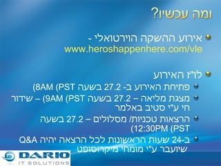 אירוע ההשקה הוירטואלי  -  www.heroshappenhere.com/vle לו &quot; ז האירוע פתיחת האירוע ב - 27.2  בשעה  8AM   PST) ) מצגת מליאה –  27.2  בשעה  9AM  ( PST ) –  שידור חי ע &quot; י סטיב באלמר הרצאות טכניות /  מסלולים –  27.2  בשעה  12:30PM  ( PST ) ב -24  שעות הראשונות לכל הרצאה יהיה  Q&A   שיועבר ע &quot; י מומחי מיקרוסופט 