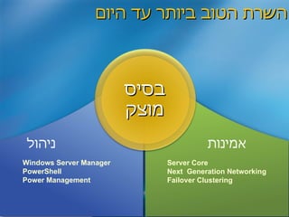 ניהול אמינות בסיס מוצק Windows Server Manager PowerShell Power Management Server Core Next  Generation Networking Failover Clustering השרת הטוב ביותר עד היום 