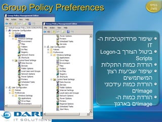 Group Policy Preferences שיפור פרודוקטיביות ה - IT ביטול הצורך ב - Logon Scripts הורדת כמות התקלות שיפור שביעות רצון המשתמשים הורדת כמות עידכוני  Image ים הורדת כמות ה - Image ים בארגון בסיס מוצק 