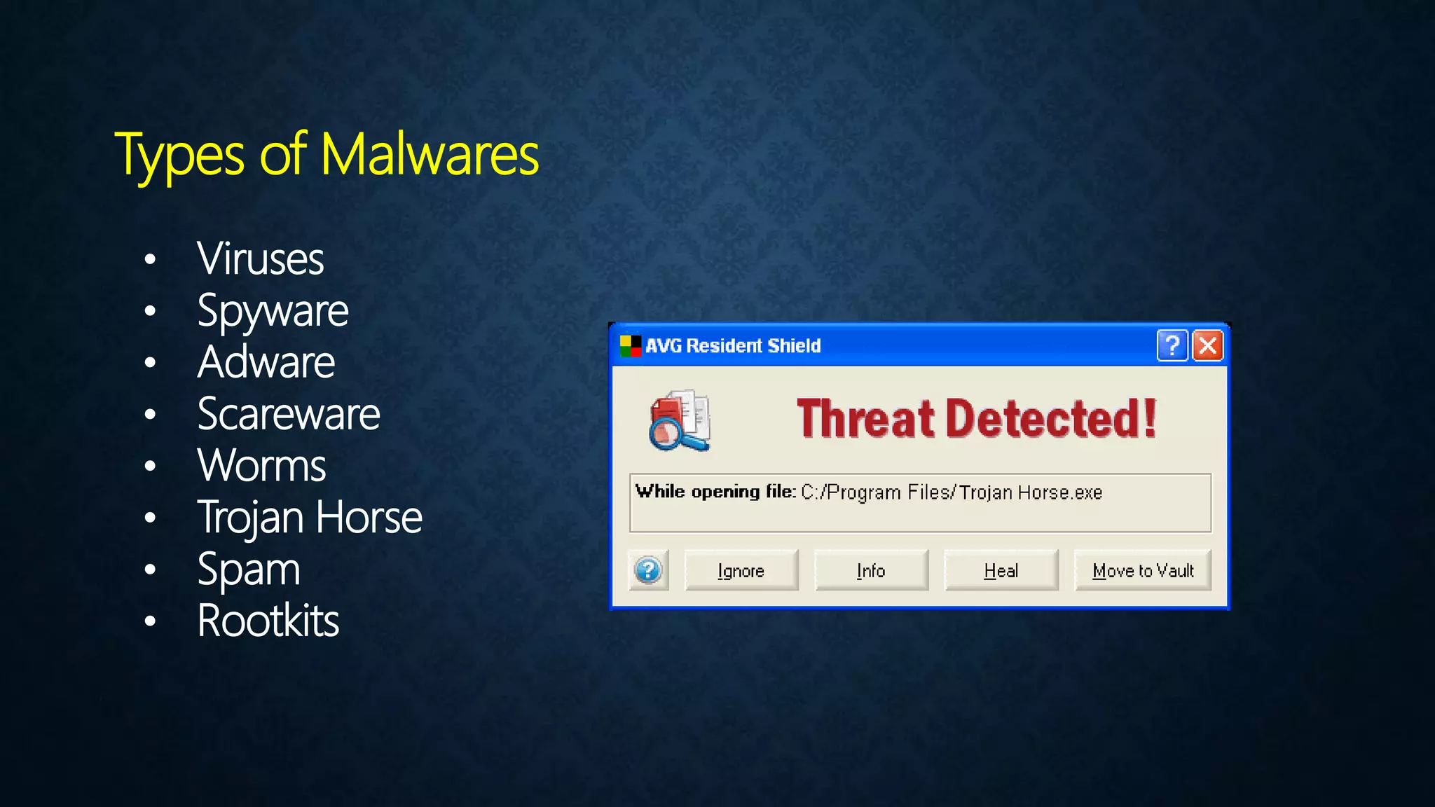 • Viruses
• Spyware
• Adware
• Scareware
• Worms
• Trojan Horse
• Spam
• Rootkits
Types of Malwares
 