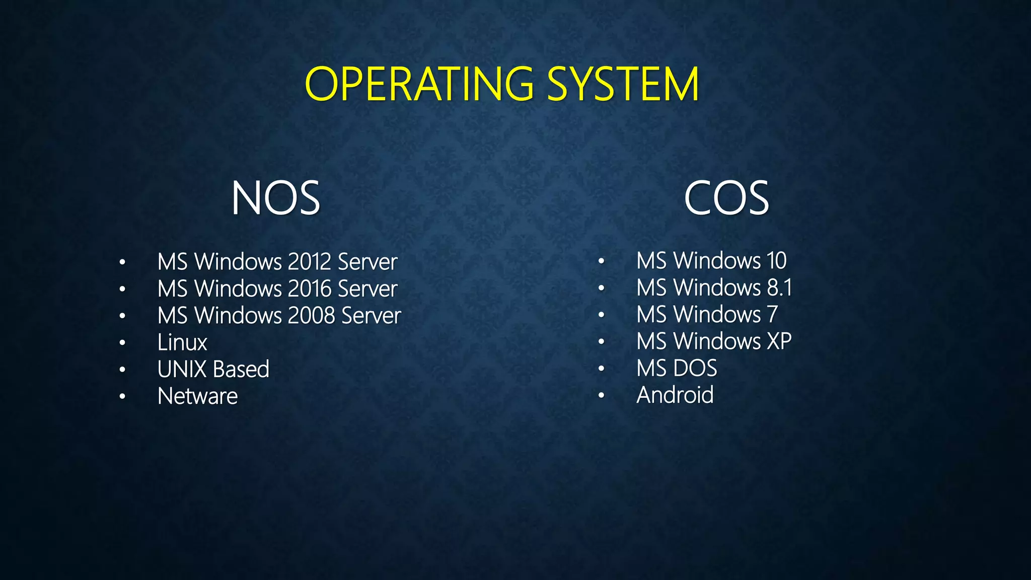 OPERATING SYSTEM
NOS COS
• MS Windows 2012 Server
• MS Windows 2016 Server
• MS Windows 2008 Server
• Linux
• UNIX Based
• Netware
• MS Windows 10
• MS Windows 8.1
• MS Windows 7
• MS Windows XP
• MS DOS
• Android
 