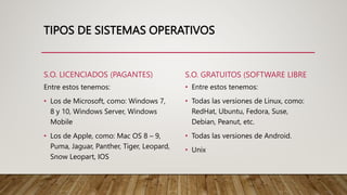 TIPOS DE SISTEMAS OPERATIVOS
S.O. LICENCIADOS (PAGANTES)
Entre estos tenemos:
• Los de Microsoft, como: Windows 7,
8 y 10,...