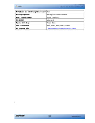 www.microsoft.com.vn108
Hệ điều hành WINDOWS 7
NHỮNG TÍNH NĂNG HỮU ÍCH CHO NGƯỜI DÙNG CUỐI
Mới/Được Cải tiến trong Windows 7? Mới.
Messaging Pillar Những điều có thể làm Mới
Win7 Edition (SKU) Home Premium+
PMG SME adamand
Nguồn ảnh chụp Media Bank
Tên Screenshot PMG_Win7_WMP_RMS_Enabled
Bổ sung tài liệu Remote Media Streaming White Paper
7
 