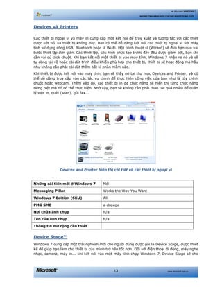 www.microsoft.com.vn13
Hệ điều hành WINDOWS 7
NHỮNG TÍNH NĂNG HỮU ÍCH CHO NGƯỜI DÙNG CUỐI
Devices và Printers
Các thiết bị ngoại vi và máy in cung cấp một kết nối để truy xuất và tương tác với các thiết
được kết nối và thiết bị không dây. Bạn có thể dễ dàng kết nối các thiết bị ngoại vi với máy
tính sử dụng cổng USB, Bluetooth hoặc là Wi-Fi. Một trình thuật sĩ (Wizard) sẽ đưa bạn qua vài
bước thiết lập đơn giản. Các thiết lập, cấu hình phức tạp trước đây đều được giảm bớt, bạn chỉ
cần vài cú click chuột. Khi bạn kết nối một thiết bị vào máy tính, Windows 7 nhận ra nó và sẽ
tự động tải về hoặc cài đặt trình điều khiển phù hợp cho thiết bị, thiết bị sẽ hoạt động mà hầu
như không cần phải cài đặt thêm bất kì phần mềm nào.
Khi thiết bị được kết nối vào máy tính, bạn sẽ thấy nó tại thư mục Devices and Printer, và có
thể dễ dàng truy cập vào các tác vụ chính để thực hiện công việc của bạn như là tùy chỉnh
chuột hoặc webcam. Thêm vào đó, các thiết bị in đa chức năng sẽ hiển thị từng chức năng
riêng biệt mà nó có thể thực hiện. Nhờ vậy, bạn sẽ không cần phải thao tác quá nhiều để quản
lý việc in, quét (scan), gửi fax...
Devices and Printer hiển thị chi tiết về các thiết bị ngoại vi
Những cải tiến mới ở Windows 7 Mới
Messaging Pillar Works the Way You Want
Windows 7 Edition (SKU) All
PMG SME a-drewpe
Nơi chứa ảnh chụp N/a
Tên của ảnh chụp N/a
Thông tin mở rộng cần thiết
Device Stage™
Windows 7 cung cấp một trải nghiệm mới cho người dùng được gọi là Device Stage, được thiết
kế để giúp bạn làm cho thiết bị của mình trở nên tốt hơn. Đối với điện thoại di động, máy nghe
nhạc, camera, máy in... khi kết nối vào một máy tính chạy Windows 7, Device Stage sẽ cho
 