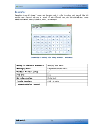 www.microsoft.com.vn16
Hệ điều hành WINDOWS 7
NHỮNG TÍNH NĂNG HỮU ÍCH CHO NGƯỜI DÙNG CUỐI
Calculator
Calculator trong Windows 7 mang một dao diện mới và nhiều tính năng mới, bạn sẽ thấy lịch
sử tính toán của mình, các đơn vị chuyển đổi, các kiểu tính toán, các tính toán về ngày tháng
và các điều khiển đã được thiết kế tối ưu cho đa chạm.
Giao diện và những tính năng mới của Calculator
Những cải tiến mới ở Windows 7 Mở rộng. Xem ở trên.
Messaging Pillar Simplifies Everyday Tasks
Windows 7 Edition (SKU) All
PMG SME byee
Nơi chứa ảnh chụp Media Bank
Tên của ảnh chụp PMG_calculator
Thông tin mở rộng cần thiết
 